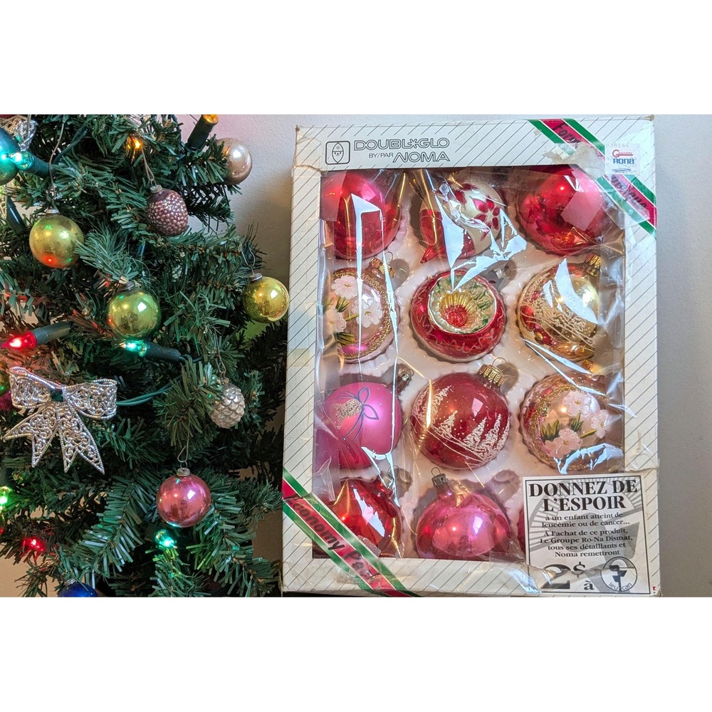 Vintage curated Pink Glass Christmas Ornaments Boxed Set 12